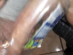 Fucking my home made fuck toy with my big uncut wet cock