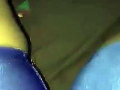 African Cameltoe in Shiny Blue Cycle Spandex Play with Pussy