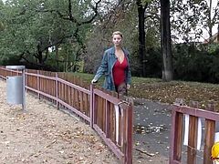 Katerina Hartlova naked in Public place and get fun on swing