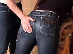 Caned over tight jeans Daddy boy