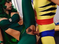 A busty milf in a green costume sucks a man's erect dick. The hottie gives a deep blowjob and gently touches the cock before being penetrated. Then, she sits on a table and opens her legs to receive a full and deep penetration. The girl screams with pleasure while the man hammers her. Join us for the full movie!