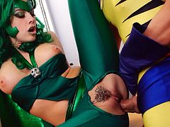 A busty milf in a green costume sucks a man's erect dick. The hottie gives a deep blowjob and gently touches the cock before being penetrated. Then, she sits on a table and opens her legs to receive a full and deep penetration. The girl screams with pleasure while the man hammers her. Join us for the full movie!