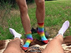 After working on the farm both naughty boys need some sexual pleasure to relax each other. They cherish each other's juicy dicks, and the tattooed man sucks his friend's cock, before riding it. Enjoy this raugh anal fuck outdoors... join now!