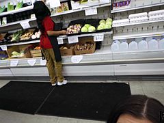 This sexy slender salesgirl is bored of her job and needs some excitement in her life, so she decides to do something adventurous, such as sliding her coworkers cock down her throat while he's working, which gets the stud insanely horny and he bends her over on the shelf to destroy her twat from behind