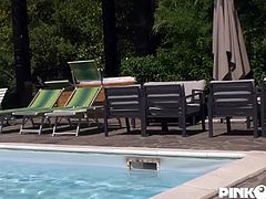 This busty beautiful tranny was sunbathing by the pool, and she was approached by two horny studs who asked her to suck them off. The kinky cutie agrees to blow one of them but asks the other to suck on her cock instead, so the submissive dude gets to suck her boner off while she sucks his friend off.
