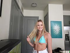 This slender blonde babe was out in her slutty bikini when she found a sexy stud and decided to seduce him, after which they got back to his place. The babe got down on her knees for him as soon as they reached inside. She sucks his boner off sloppily and then spreads her legs for him to ravage her cunt.