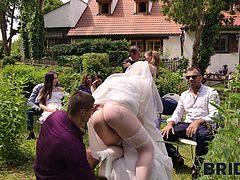 When the groom doesn't show up to his wedding day in a picturesque suburb of Prague, the bride ends up putting her mouth and pussy to good use on another dick. The groom quickly becomes a distant memory as the blonde wife-to-be gets on her knees to suck a cock, before she gets it good in doggystyle.