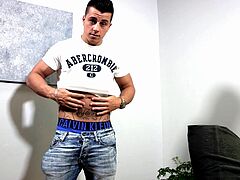 After doing exercise, this brunette guy was tasked to attract a female audience online. So he slowly removed his shirt showing his six packs and then he pulled his pants down and took his hard erect dick out and later on he slowly started giving himself a handjob. Join now!