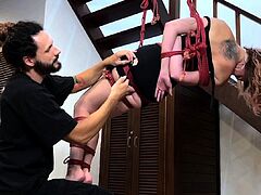 Brunette Hangs from the Ceiling, Bound and Teased All Over!