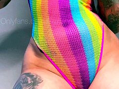 Busty curly brunette with big boobs fucks on couch