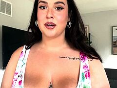 Busty curly brunette with big boobs fucks on couch